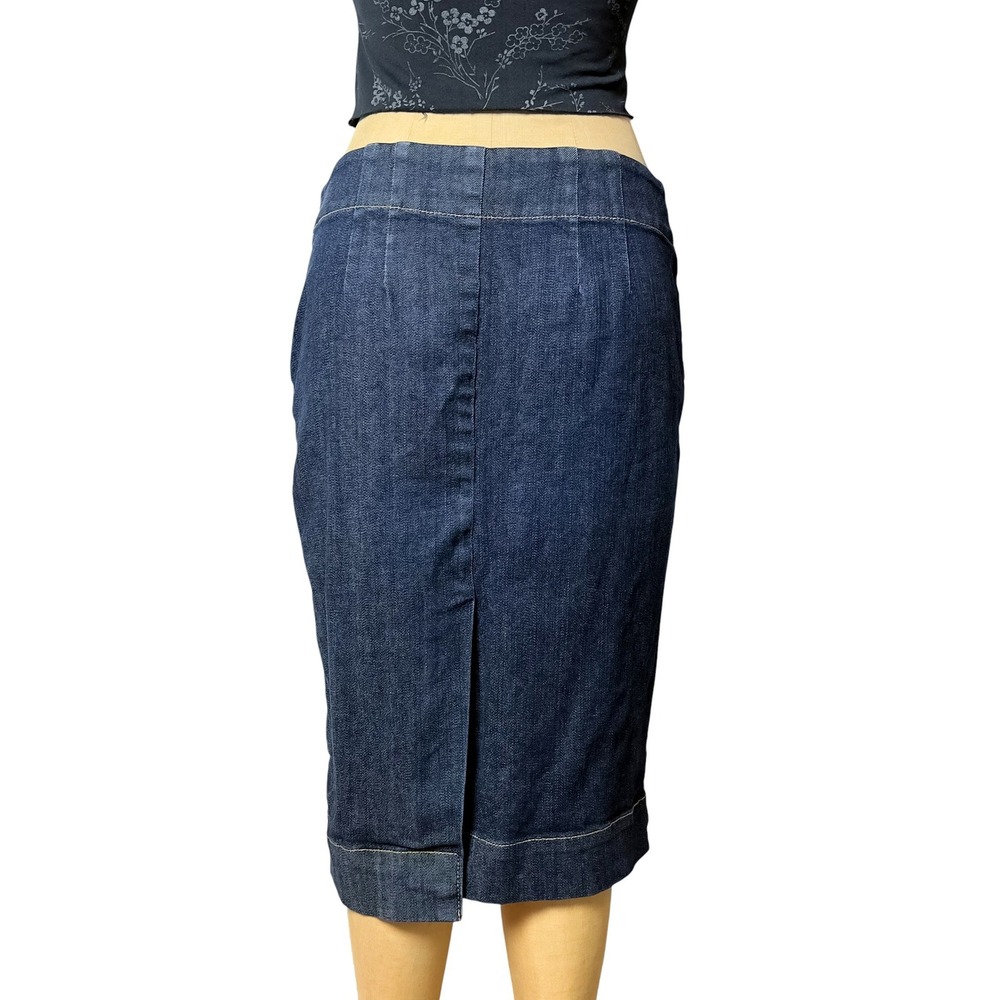 90s Ann Taylor Dark Wash Denim Pencil Skirt Knee Length Contoured Silhouette 2 S - Picture 10 of 12